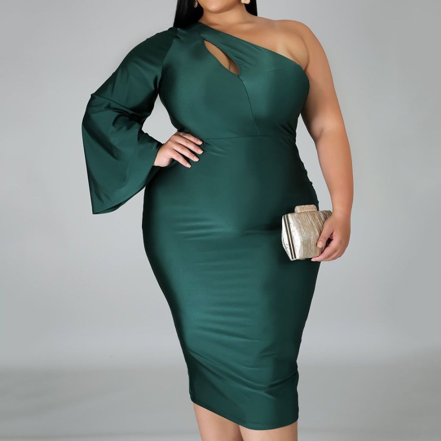 Women ericdress | Ericdress Oblique Collar Asymmetric Mid-Calf Plus Size Plain Dress Green