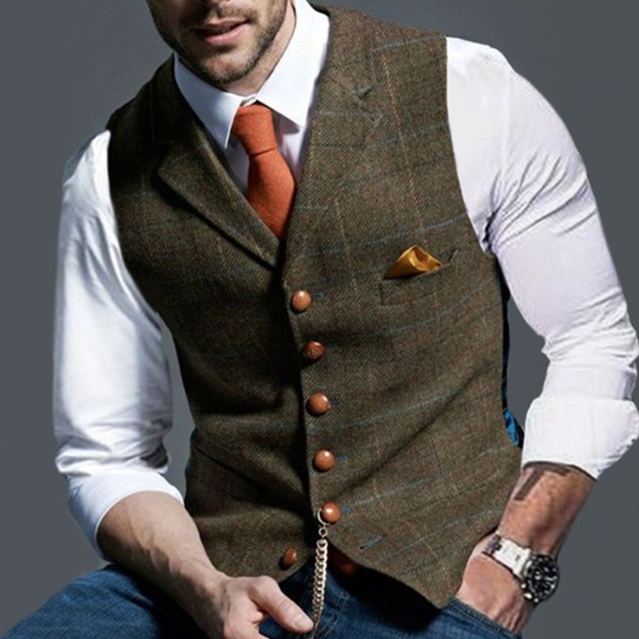 Men ericdress | Notched Lapel Button Color Block Single-Breasted Men'S Waistcoat Khaki