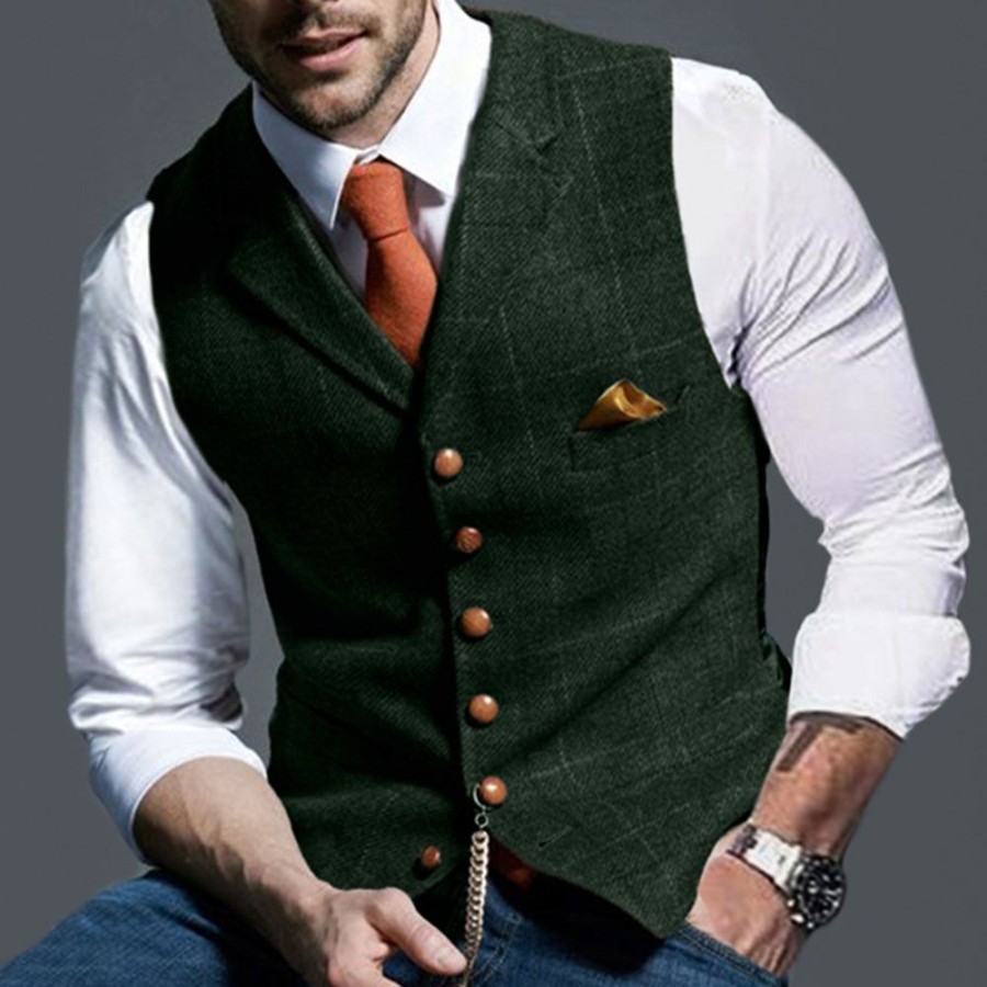 Men ericdress | Notched Lapel Button Color Block Single-Breasted Men'S Waistcoat Khaki