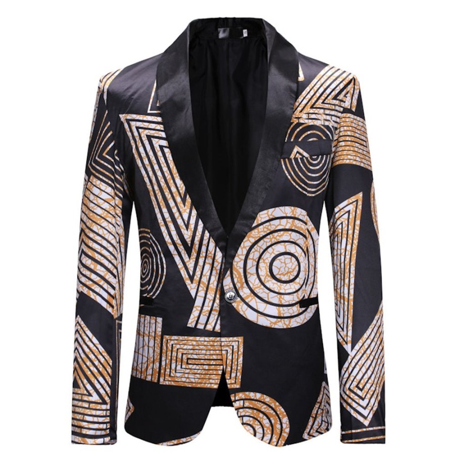 Men ericdress | Ericdress Geometric Print One Button Mens Casual Leisure Blazer Black