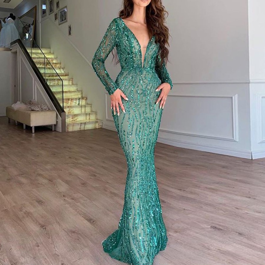 Women ericdress | Ericdress Sequins Long Sleeve Floor-Length Dress Dress Green