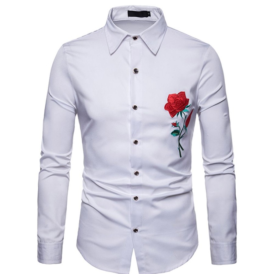 Men ericdress | Ericdress Floral Printed Slim Button Up Lapel Mens Casual Dress Shirts