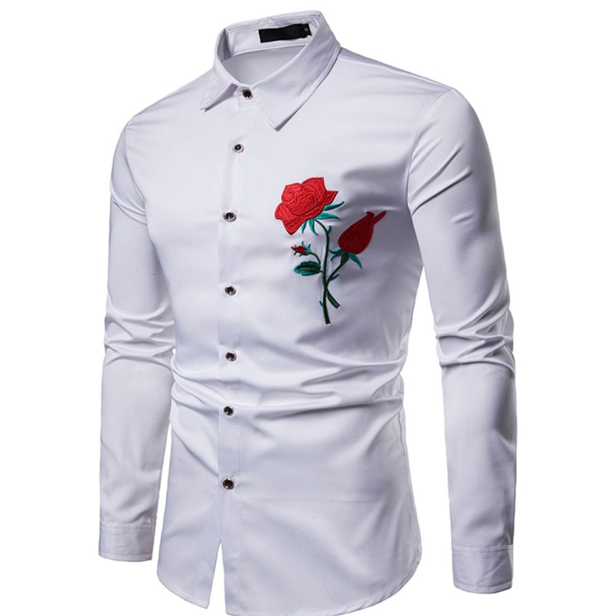 Men ericdress | Ericdress Floral Printed Slim Button Up Lapel Mens Casual Dress Shirts