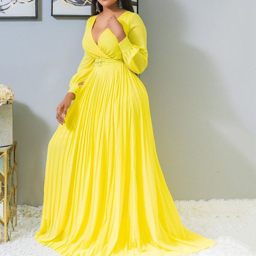 Women ericdress | Ericdress Plus Size Pleated Floor-Length Expansion Maxi Dress Yellow