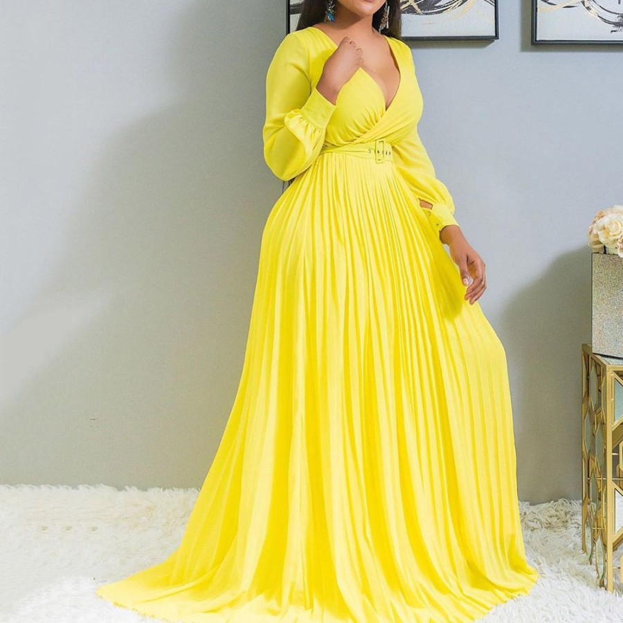 Women ericdress | Ericdress Plus Size Pleated Floor-Length Expansion Maxi Dress Yellow