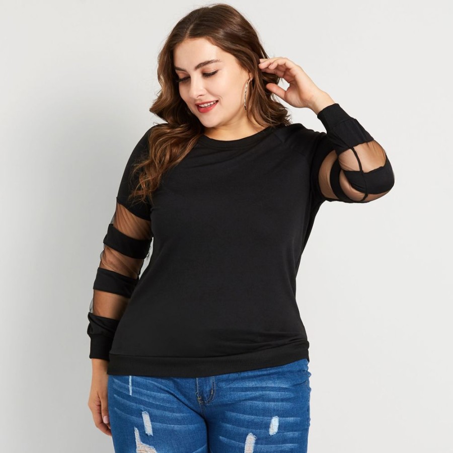 Women ericdress | Ericdress Patchwork Mesh Plus Size Casual T-Shirt Black