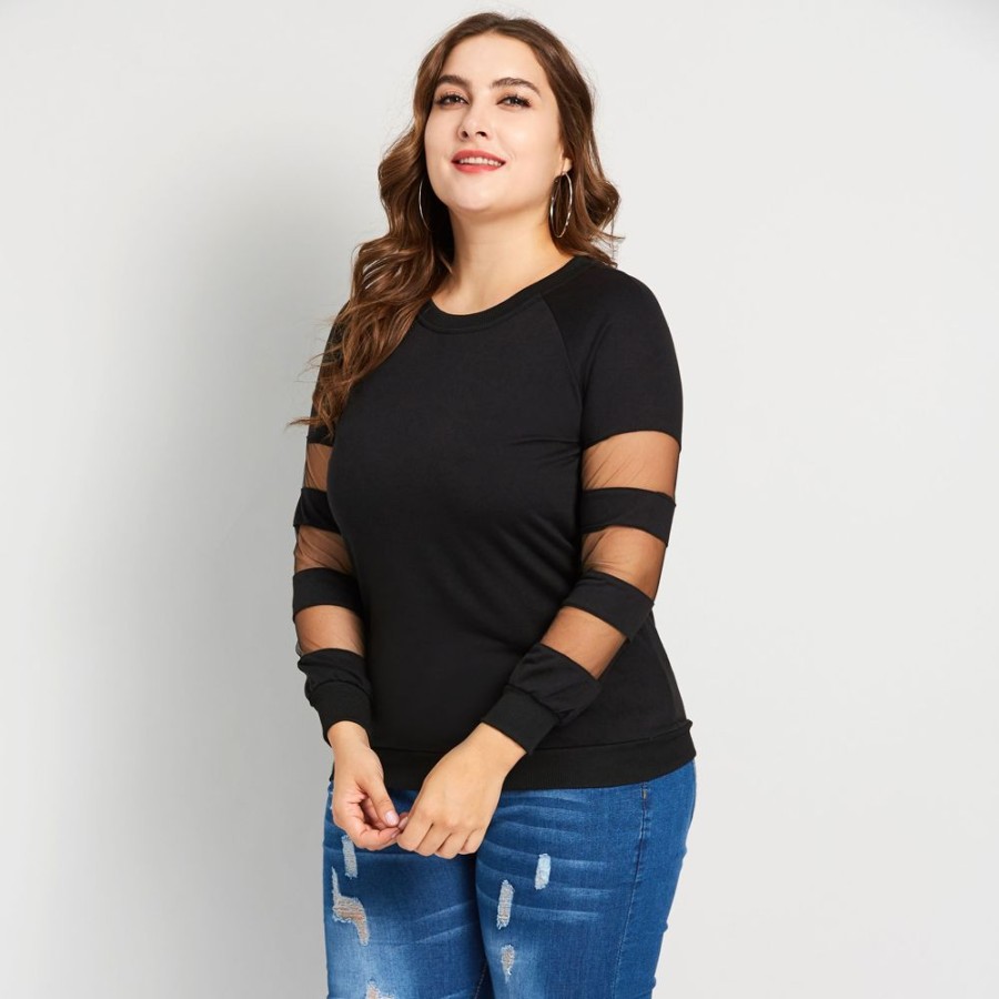 Women ericdress | Ericdress Patchwork Mesh Plus Size Casual T-Shirt Black