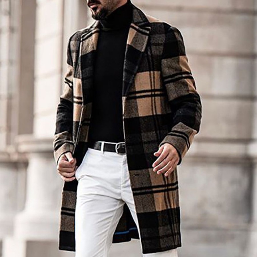 Men ericdress | Mid-Length Notched Lapel Plaid Single-Breasted Men'S Coat Black