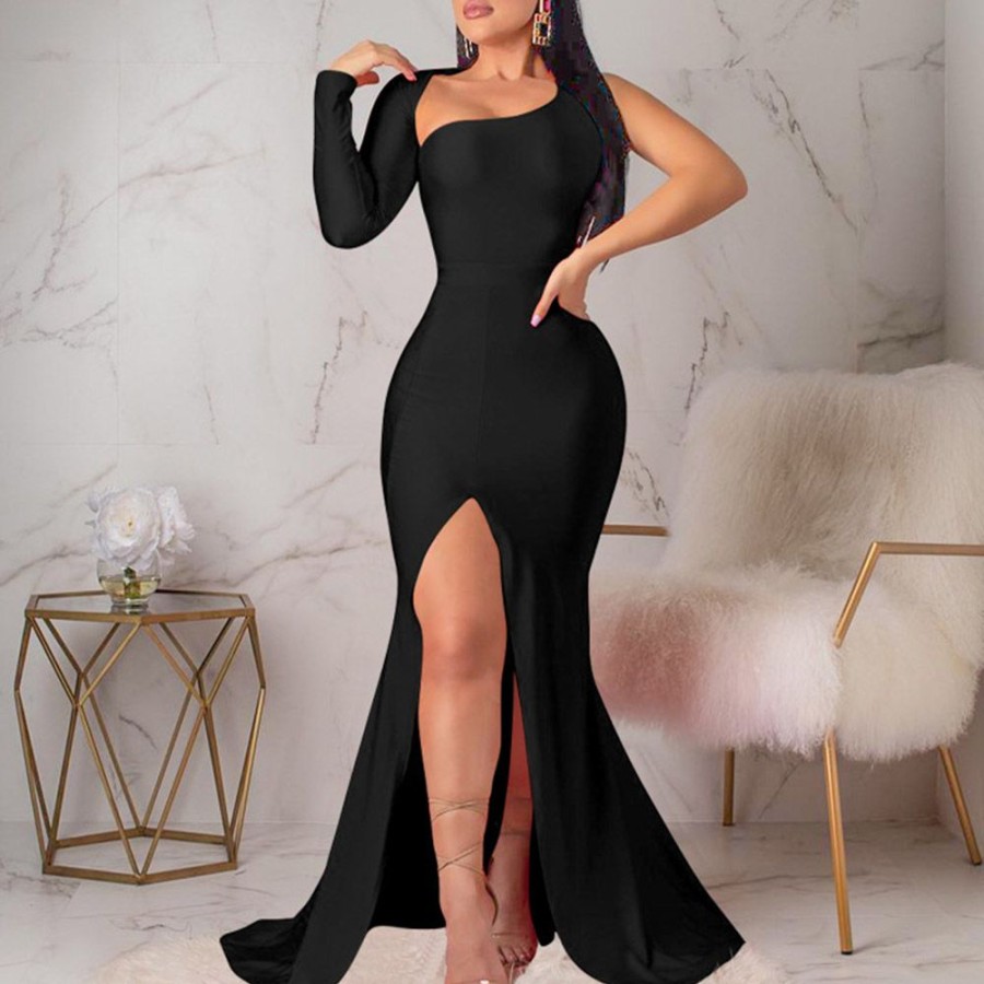 Women ericdress | Ericdress Long Sleeve Split Oblique Collar Mid Waist Pullover Maxi Dress Black