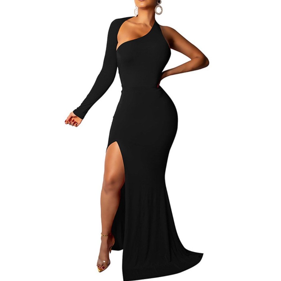 Women ericdress | Ericdress Long Sleeve Split Oblique Collar Mid Waist Pullover Maxi Dress Black