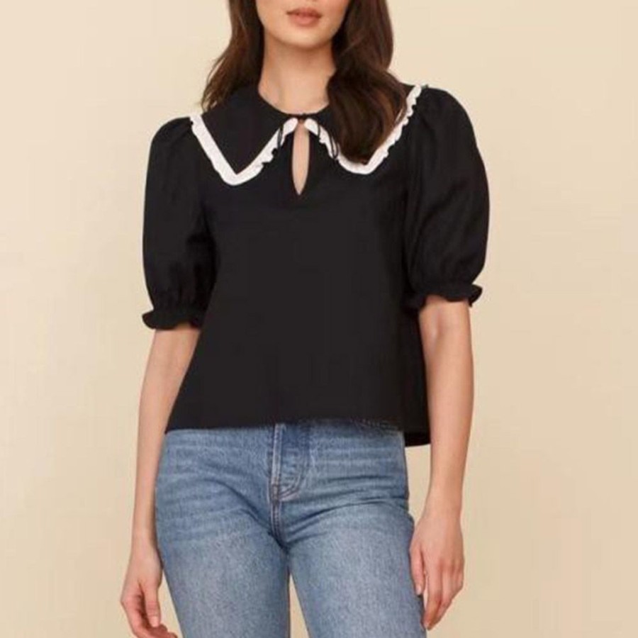 Women ericdress | Color Block Patchwork Peter Pan Collar Short Sleeve Women'S Blouse Black