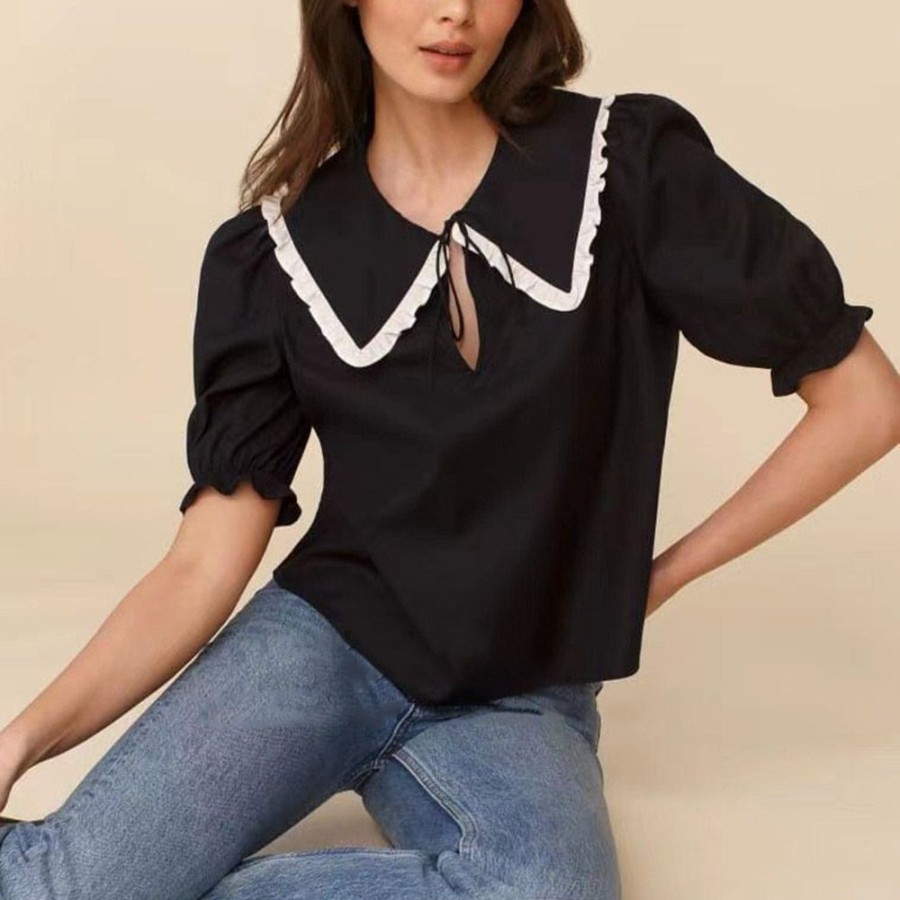 Women ericdress | Color Block Patchwork Peter Pan Collar Short Sleeve Women'S Blouse Black