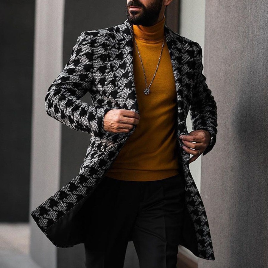 Men ericdress | Ericdress Mid-Length Houndstooth Men'S Double-Breasted Coat