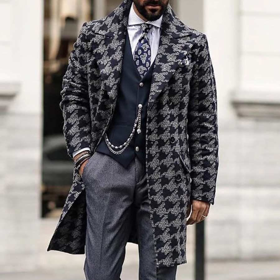 Men ericdress | Ericdress Mid-Length Houndstooth Men'S Double-Breasted Coat