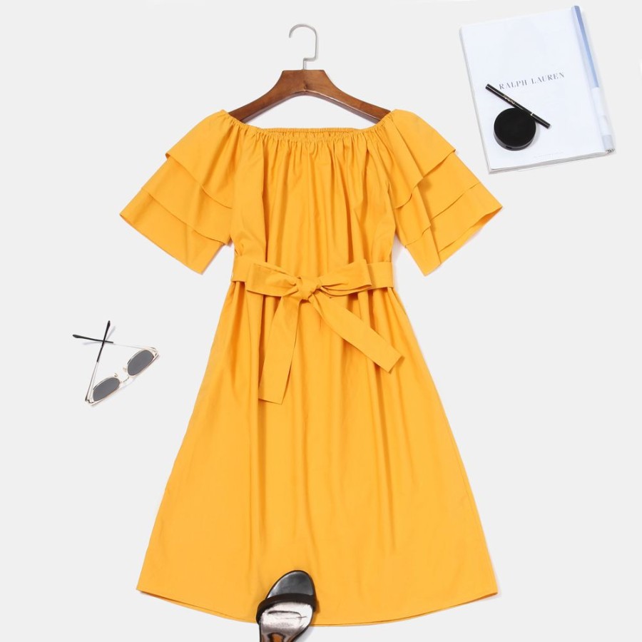 Women ericdress | Falbala Pleated Bowknot Women'S Day Dress Yellow