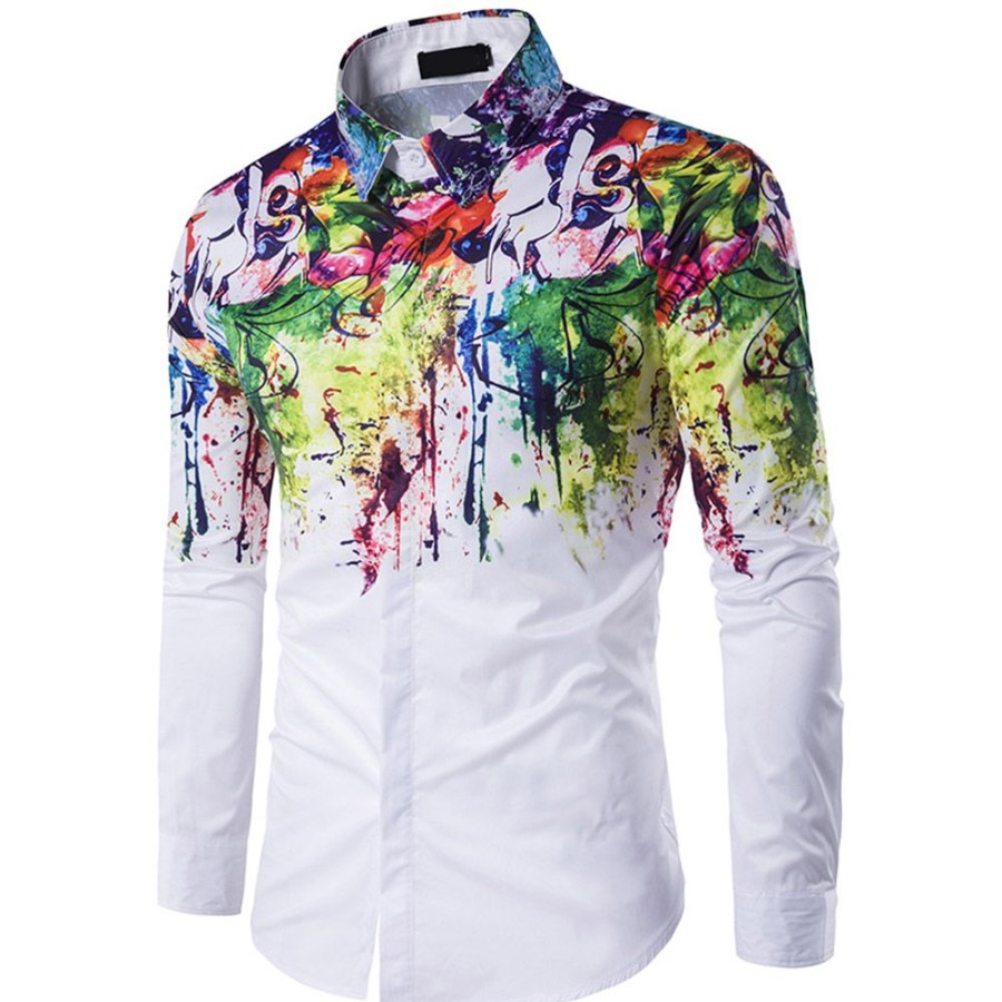 Men ericdress | Ericdress Casual Men Print Lapel Spring Single-Breasted Shirt White