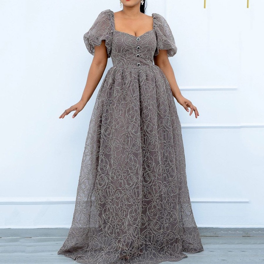 Women ericdress | Ericdress Floor-Length Mesh V-Neck Pullover Expansion Maxi Dress Plus Size Gray