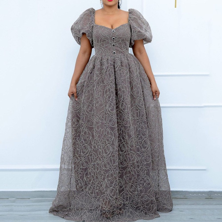 Women ericdress | Ericdress Floor-Length Mesh V-Neck Pullover Expansion Maxi Dress Plus Size Gray