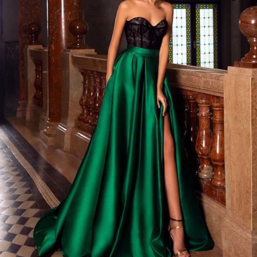 Women ericdress | Ericdress Sleeveless Split Floor-Length High Waist Color Block Women'S Maxi Dress Green