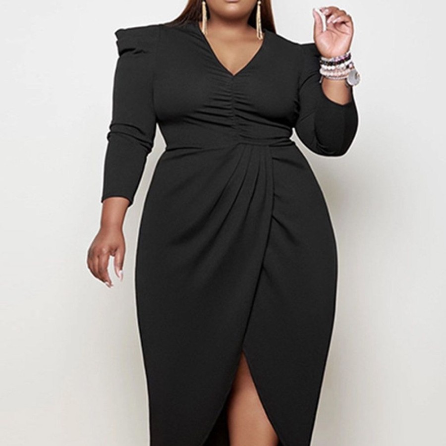 Women ericdress | Ericdress Nine Points Sleeve V-Neck Asymmetric Pullover Simple Women'S Bodycon Dress Black