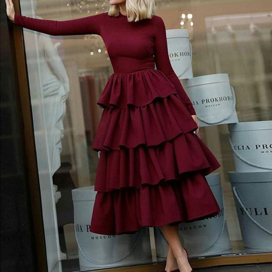 Women ericdress | Ericdress Pleated Mid-Calf Long Sleeve Layered A-Line Dress Mid Waist A-Line Dress Burgundy