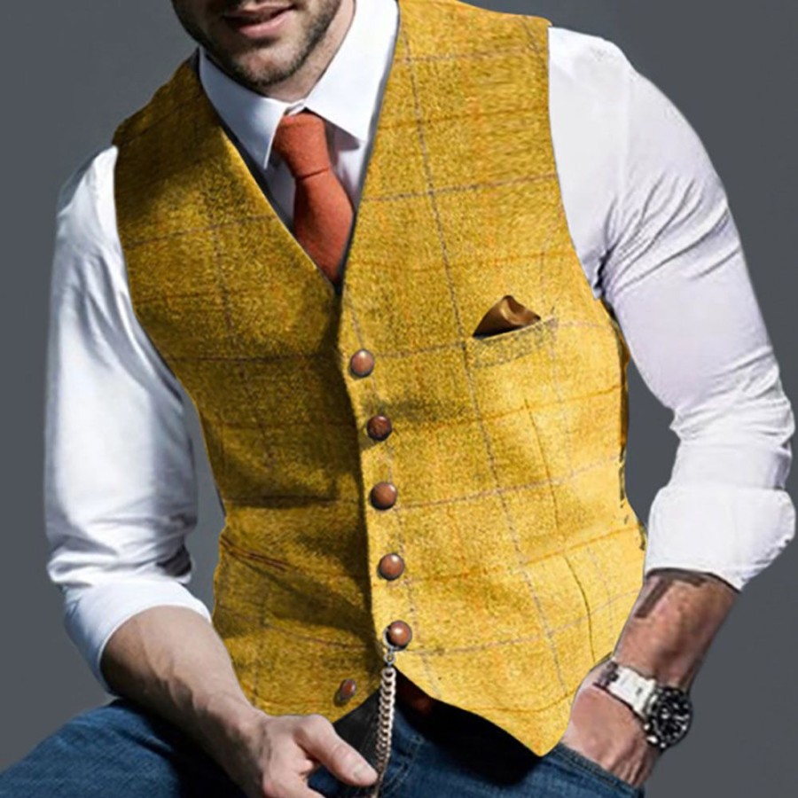 Men ericdress | Ericdress Plaid V-Neck Single-Breasted European Waistcoat Yellow