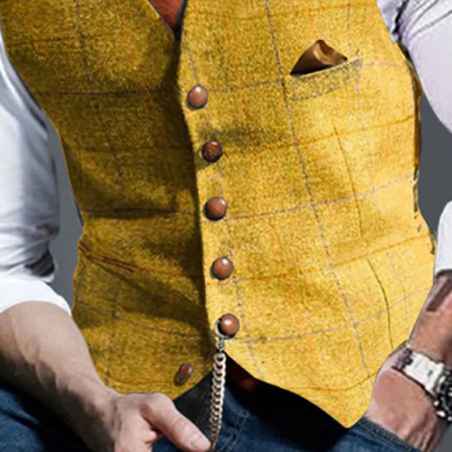 Men ericdress | Ericdress Plaid V-Neck Single-Breasted European Waistcoat Yellow