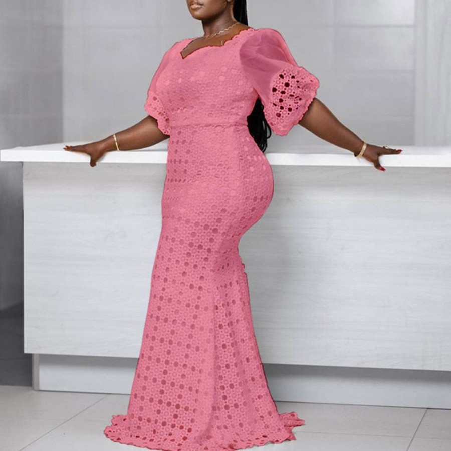 Women ericdress | Plus Size Floor-Length Half Sleeve Hollow Mermaid Women'S Dress Pink