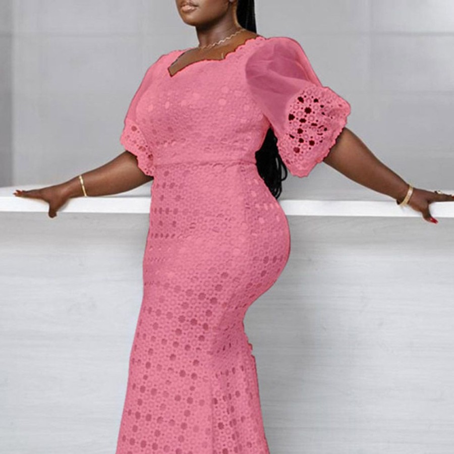 Women ericdress | Plus Size Floor-Length Half Sleeve Hollow Mermaid Women'S Dress Pink