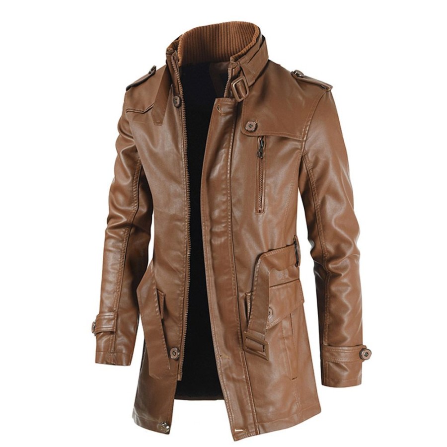 Men ericdress | Ericdress Plain Stand Collar Mid-Length Pocket Fashion Men'S Leather Jacket