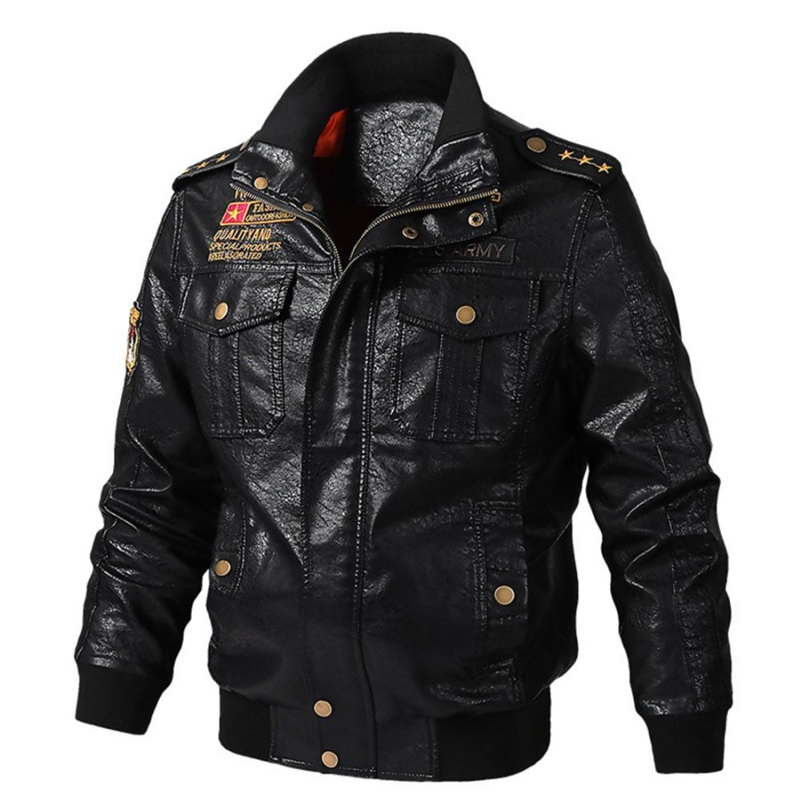 Men ericdress | Ericdress Standard Stand Collar Letter Casual Patchwork Leather Jacket