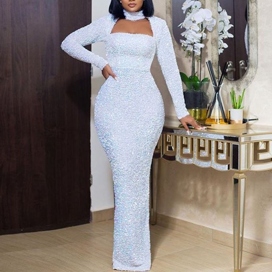 Women ericdress | Ericdress Long Sleeve Floor-Length High Waist Pencil Women'S Maxi Dress White