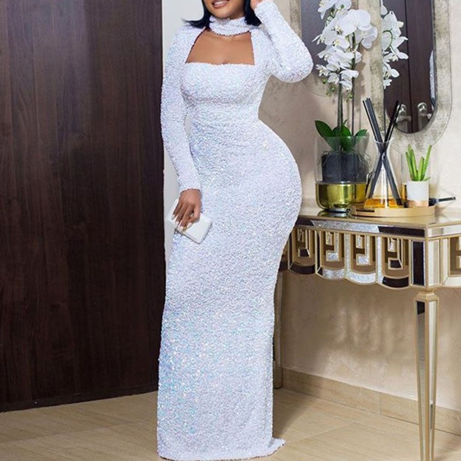 Women ericdress | Ericdress Long Sleeve Floor-Length High Waist Pencil Women'S Maxi Dress White