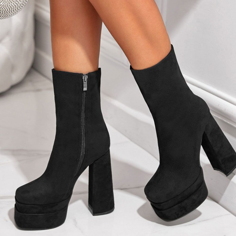 Boots ericdress | Ericdress Side Zipper Chunky Heel Plain Platform Boots Black