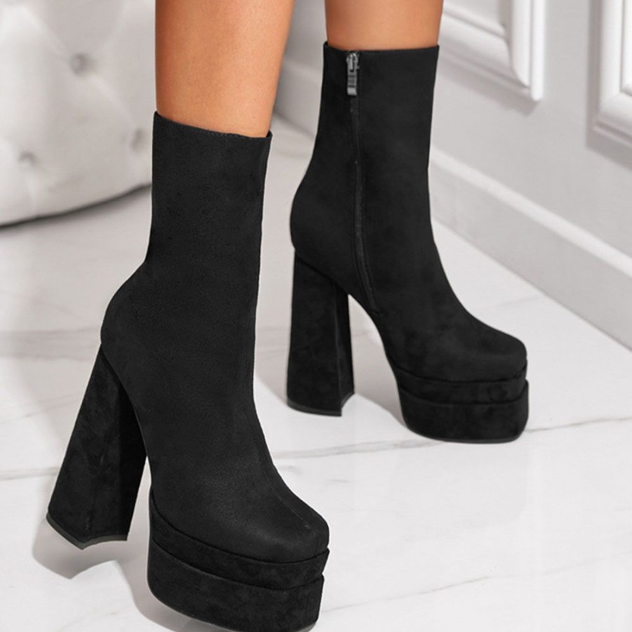 Boots ericdress | Ericdress Side Zipper Chunky Heel Plain Platform Boots Black