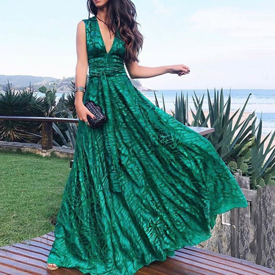 Women ericdress | Ericdress Sleeveless Floor-Length Lace-Up Plain Women'S Dress Green