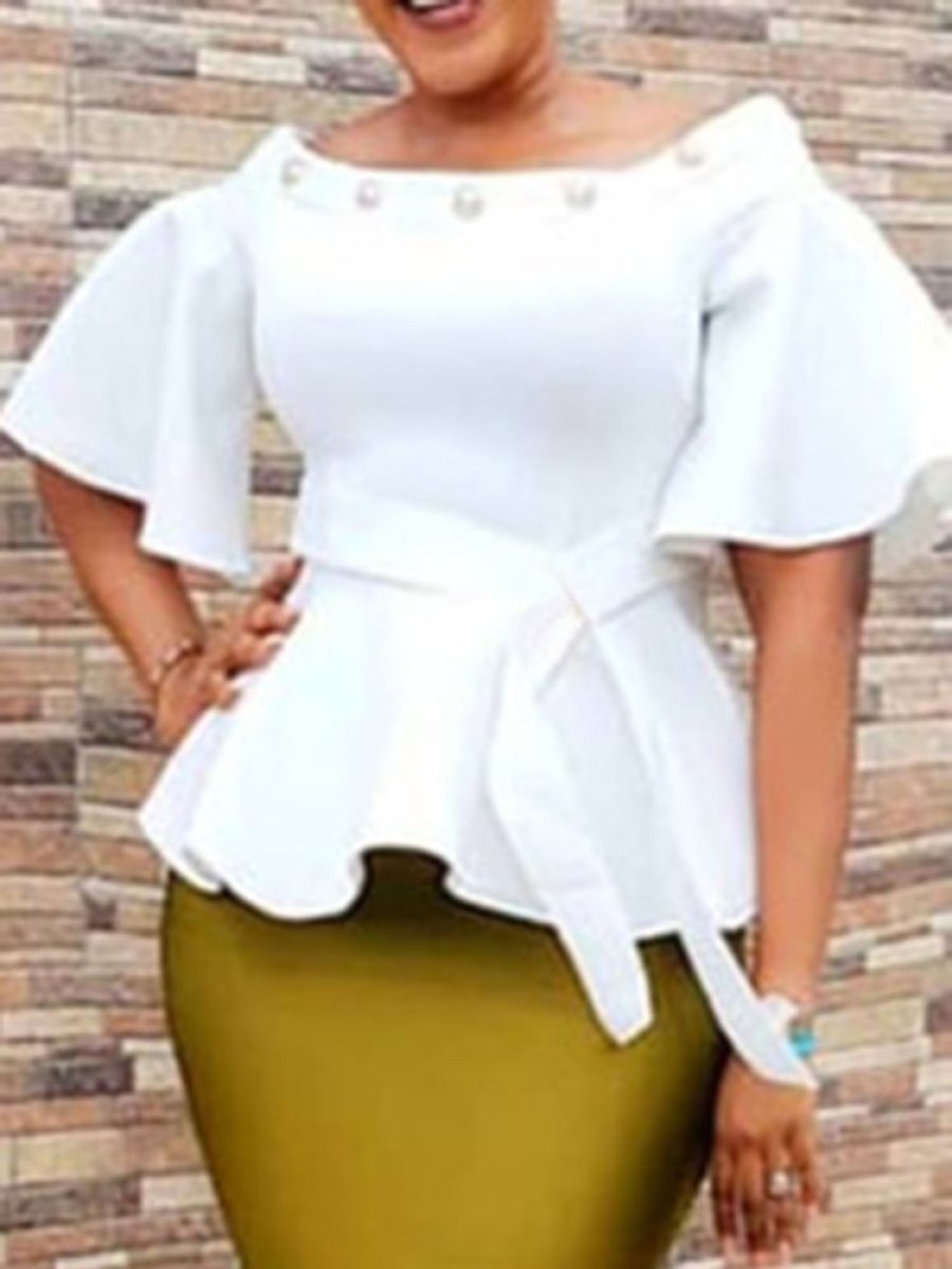 Women ericdress | African Fashion Plain Flare Sleeve Off Shoulder Peplum Women'S Blouse White