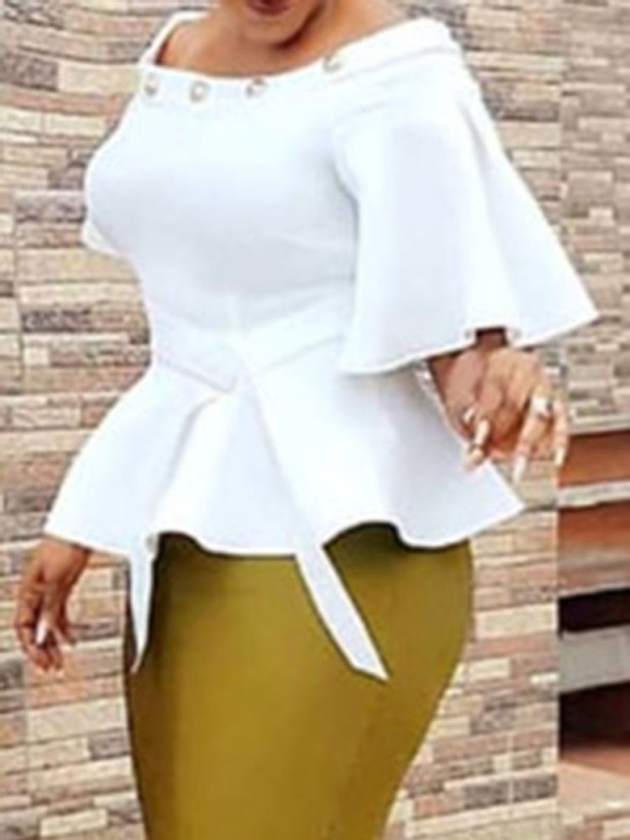 Women ericdress | African Fashion Plain Flare Sleeve Off Shoulder Peplum Women'S Blouse White