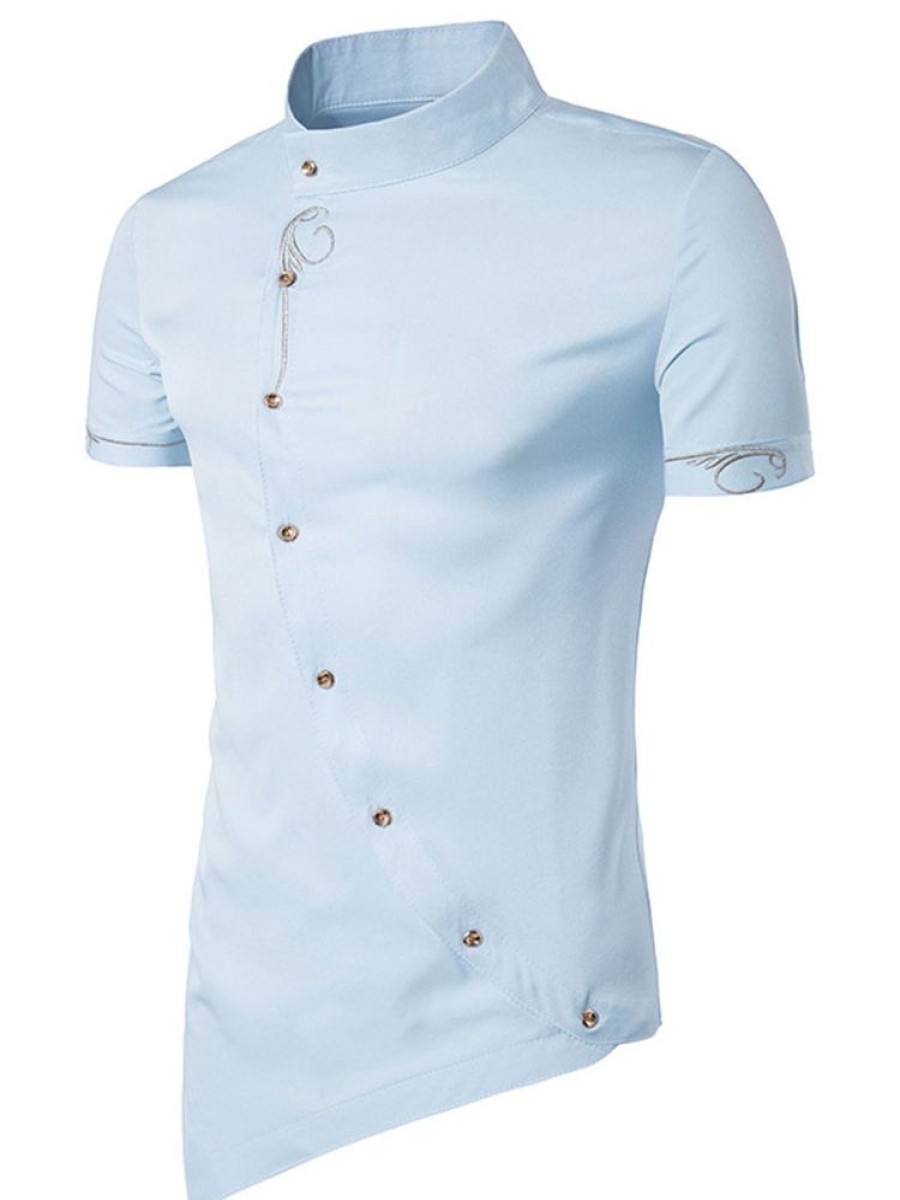 Men ericdress | Ericdress Iregular Plain Printed Short Sleeve Stand Collar Men'S Shirt