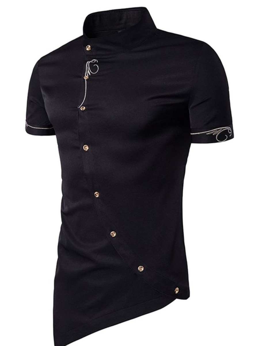 Men ericdress | Ericdress Iregular Plain Printed Short Sleeve Stand Collar Men'S Shirt