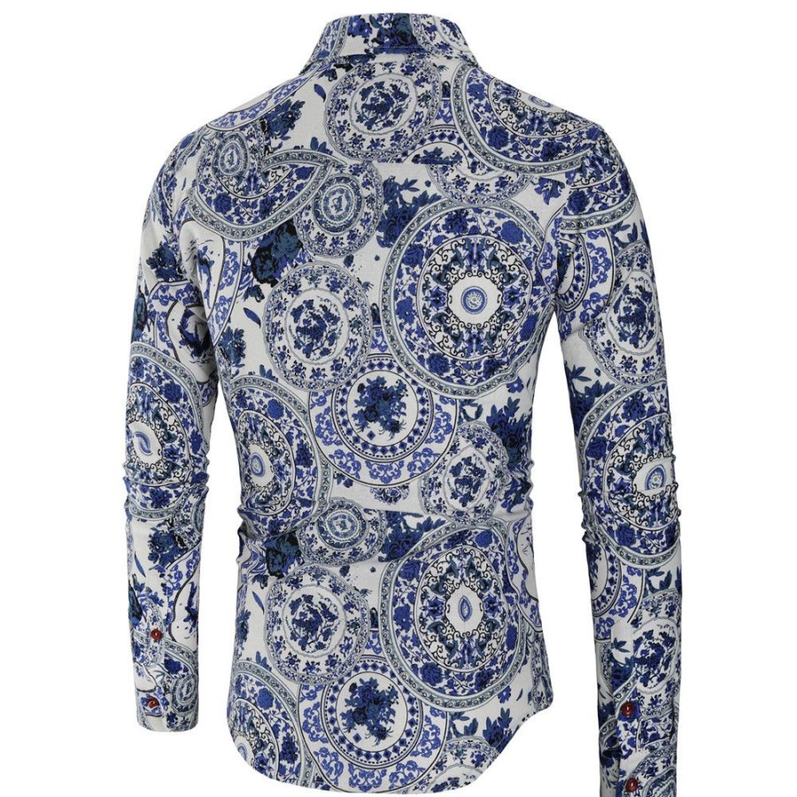 Men ericdress | Ericdress Lapel Print Casual Single-Breasted Mens Shirt Dark Blue