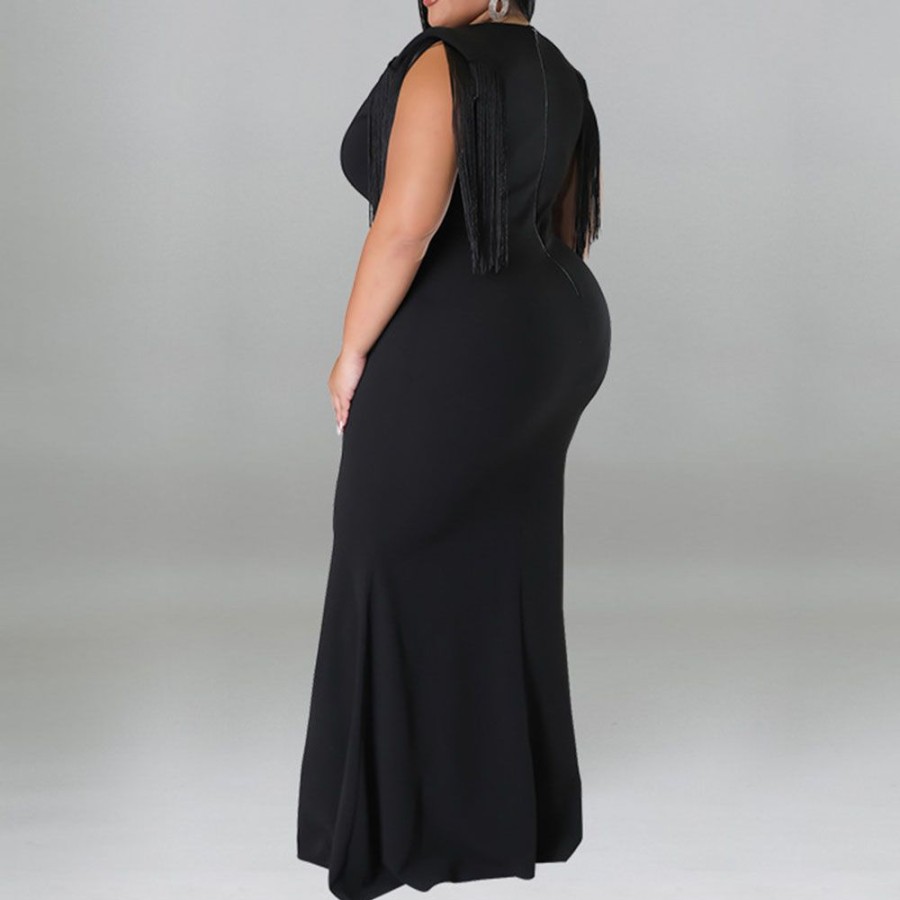 Women ericdress | Ericdress Tassel V-Neck Floor-Length Plain Pullover Plus Size Maxi Dress