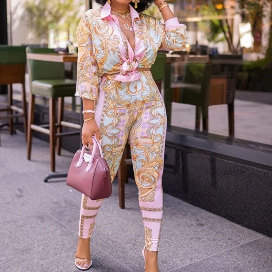 Women ericdress | Ericdress Floral Print Fashion Pencil Pants Single-Breasted Two Piece Sets Pants Set Pink