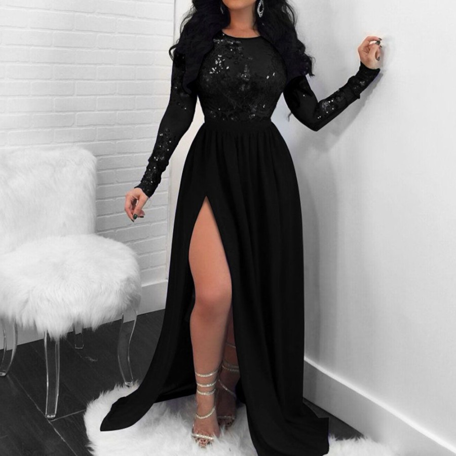 Women ericdress | Ericdress Floor-Length See-Through Sequins Long Sleeve Pullover Plain Lace Maxi Dress Black