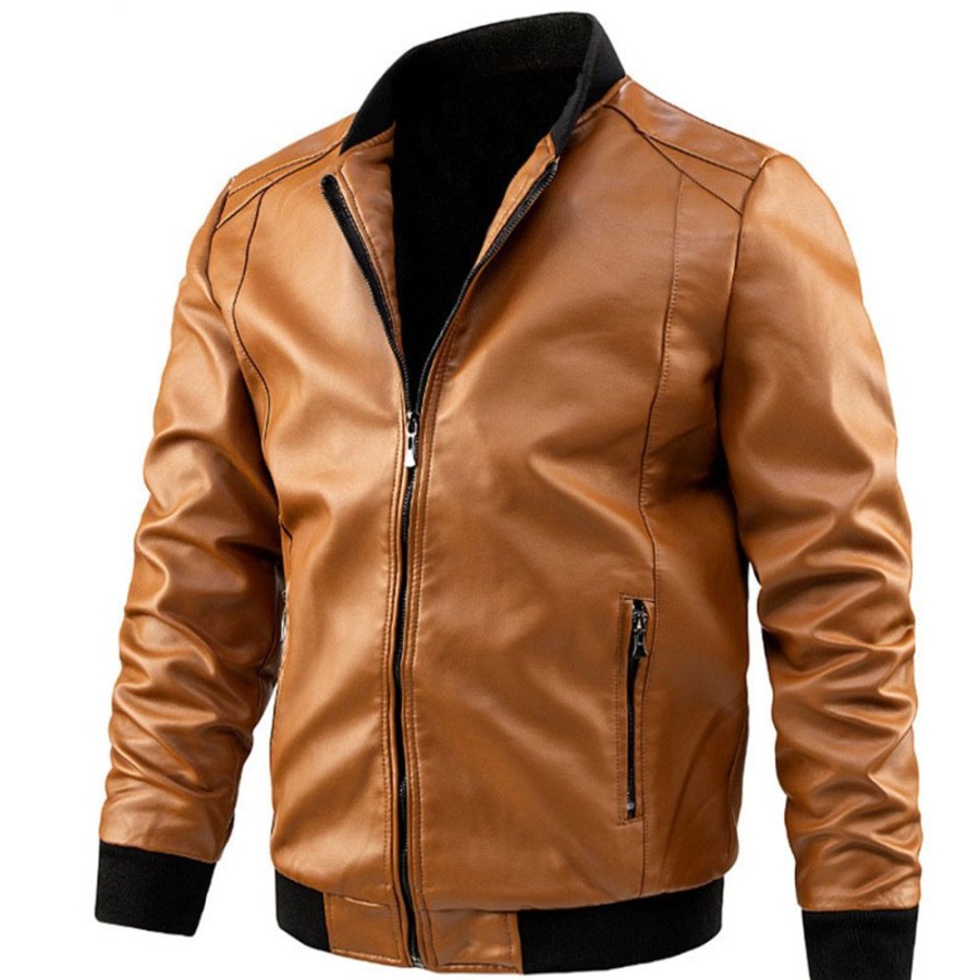 Men ericdress | Ericdress Standard Stand Collar Color Block Zipper Patchwork Leather Jacket