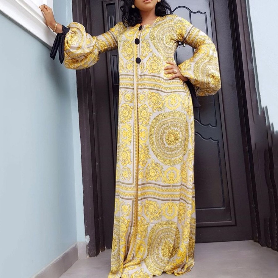 Women ericdress | Floor-Length Long Sleeve Print Pullover Women'S Dress Yellow