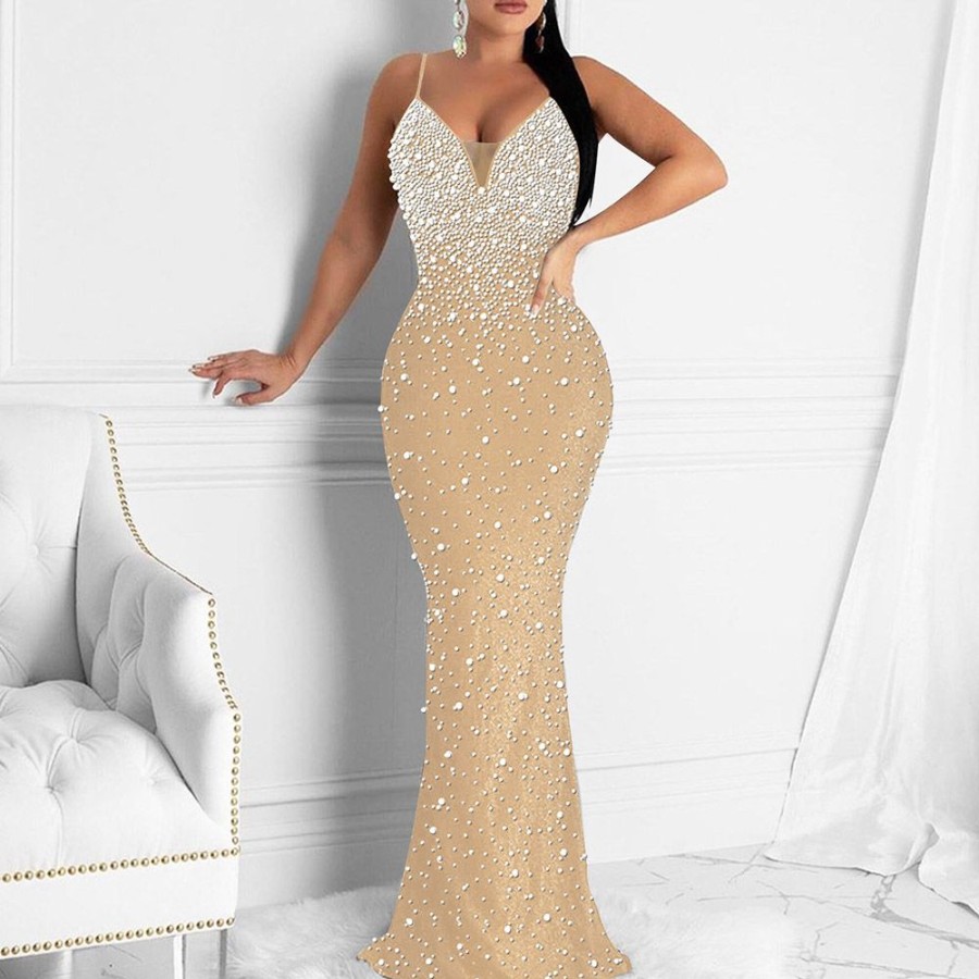 Women ericdress | Ericdress V-Neck Sleeveless Rhinestone Summer Mermaid Maxi Dress