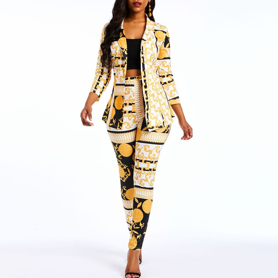 Women ericdress | Ericdress African Print Fashion Geometric Blazer And Pencil Pants Women'S Formal Suits Yellow