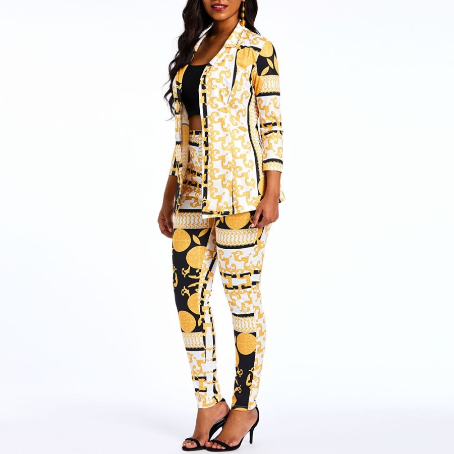 Women ericdress | Ericdress African Print Fashion Geometric Blazer And Pencil Pants Women'S Formal Suits Yellow