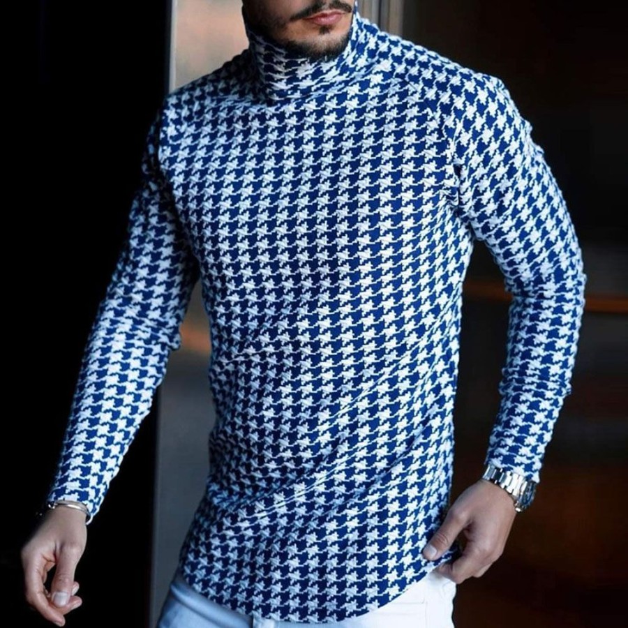 Men ericdress | Houndstooth Casual Turtleneck Slim Men'S T-Shirt